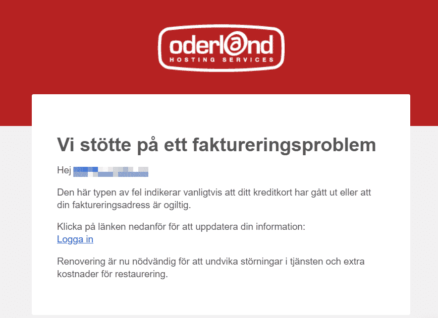 Phishing-mail som utger sig vara Oderland